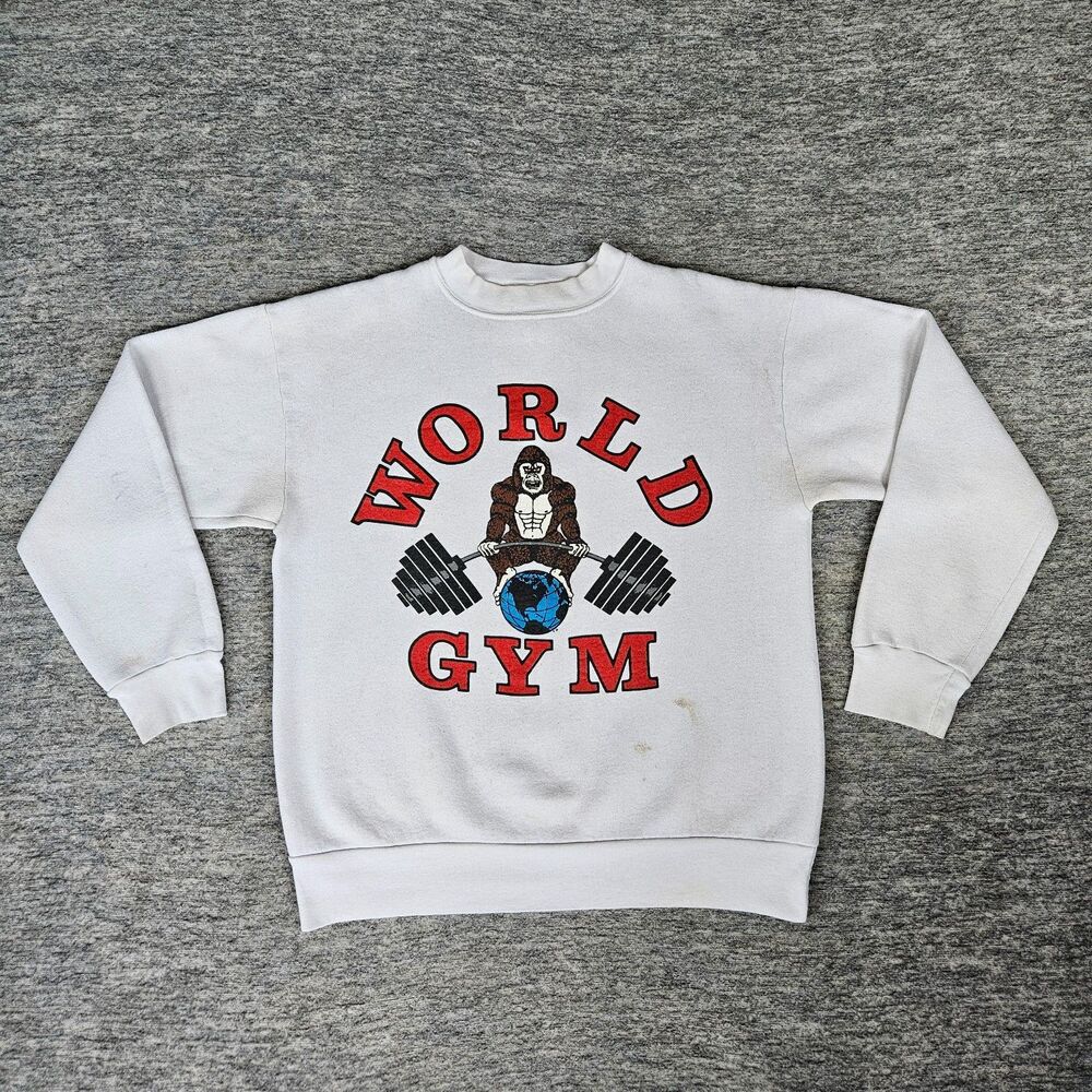 Vintage 90s World Gym White Medium Crewneck Bodybuilding Gorilla USA Sweatshirt